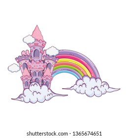 beautiful fairytale castle with rainbow