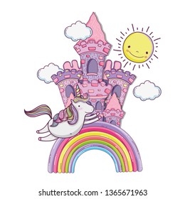 beautiful fairytale castle with rainbow and unicorn