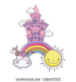 beautiful fairytale castle with unicorn in the clouds