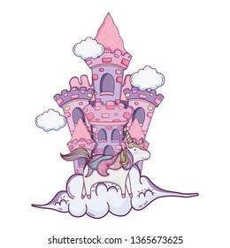 beautiful fairytale castle with unicorn in the clouds
