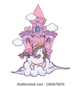 beautiful fairytale castle with unicorn in the clouds