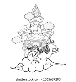 beautiful fairytale castle with unicorn in the clouds