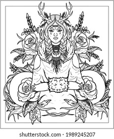 Beautiful fairytale character in blooming roses and vegetation, girl from the North with deer antlers and wide pigtails, with fur collar and glove, with a large ethnic decoration on the neck.