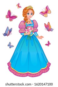 Beautiful fairytale Elf princess with flowers on white background.  Set butterflies. Children's illustration suitable for print and sticker. Isolated illustration. Romantic story. Wonderland. Vector.