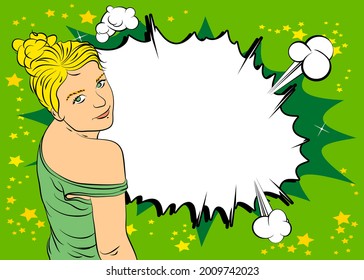 Beautiful fairytale Elf princess in green. Comic book style children's illustration. Pretty girl for romantic story. Wonderland. Vector cartoon illustration.