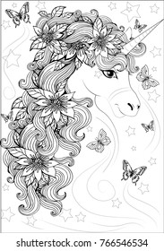 beautiful fairy-tale horse or unicorn, with flowers in mane and hovering butterflies around. Anti-stress coloring for children and adults