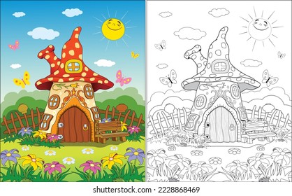 Beautiful fairytale house in the meadow coloring book