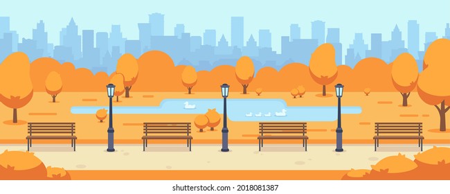 Beautiful fall city road. Autumn park town with blue sky and building silhouettes. Orange trees nature landscape, seasons outdoor vector panoramic scene with bench