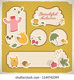 Beautiful fall doodle style composition with shapes sticker childish autumn images and place for handwritten text vector illustration