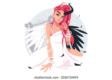 Beautiful fallen angel girl vector illustration. Female angel character with wings and horn flat style. Beauty and heaven creature concept. Isolated on white background