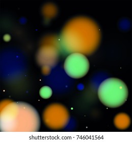 Beautiful Falling Blured Confetti. Bokeh Background. Vector Colorful Snowflakes Falling Night Sky. Frosty Christmas Background. Fairy Magical New Year Design Background. Vector illustration.