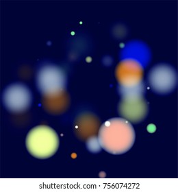 Beautiful Falling Blured Confetti. Bokeh Background. Vector Colorful Snowflakes Falling Night Sky. Frosty Christmas Background. Fairy Magical New Year Design Background. Vector illustration.