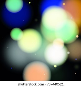 Beautiful Falling Blured Confetti. Bokeh Background. Vector Colorful Snowflakes Falling Night Sky. Frosty Christmas Background. Fairy Magical New Year Design Background. Vector illustration.
