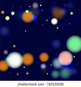 Beautiful Falling Blured Confetti. Bokeh Background. Vector Colorful Snowflakes Falling Night Sky. Frosty Christmas Background. Fairy Magical New Year Design Background. Vector illustration.