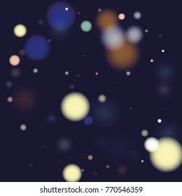 Beautiful Falling Blured Confetti. Bokeh Background. Vector Colorful Snowflakes Falling Night Sky. Frosty Christmas Background. Fairy Magical New Year Design Background. Vector illustration.