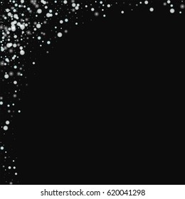 Beautiful falling snow. Abstract left top corner on black background. Vector illustration.
