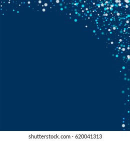 Beautiful falling snow. Abstract right top corner on deep blue background. Vector illustration.