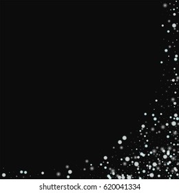 Beautiful falling snow. Abstract right bottom corner on black background. Vector illustration.