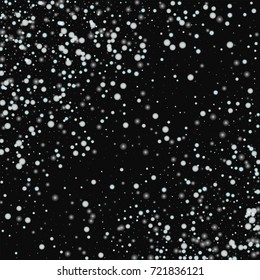 Beautiful falling snow. Abstract scattered pattern with beautiful falling snow on black background. Enchanting Vector illustration.