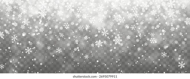 Beautiful Falling Snow Background With White Snowflakes And Soft Bokeh Light On Transparent Background. Perfect For Winter, Christmas, And Holiday Designs. Vector Illustration.