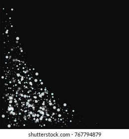 Beautiful falling snow. Bottom left corner with beautiful falling snow on black background. Bewitching Vector illustration.