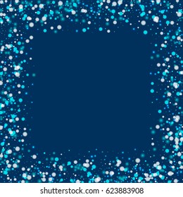Beautiful falling snow. Chaotic border with beautiful falling snow on deep blue background. Vector illustration.