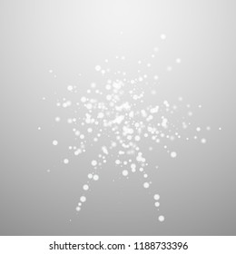 Beautiful falling snow Christmas background. Subtle flying snow flakes and stars on light grey background. Winter silver snowflake overlay template. Energetic vector illustration.