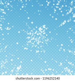 Beautiful falling snow Christmas background. Subtle flying snow flakes and stars on blue transparent background. Actual winter silver snowflake overlay template. Appealing vector illustration.
