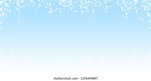 Beautiful falling snow Christmas background. Subtle flying snow flakes and stars on winter sky background. Authentic winter silver snowflake overlay template. Glamorous vector illustration.