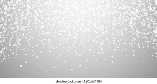 Beautiful Falling Snow Christmas Background. Subtle Flying Snow Flakes And Stars On Light Grey Background. Actual Winter Silver Snowflake Overlay Template. Brilliant Vector Illustration.