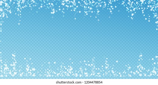 Beautiful falling snow Christmas background. Subtle flying snow flakes and stars on transparent blue background. Admirable winter silver snowflake overlay template. Classic vector illustration.