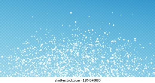 Beautiful falling snow Christmas background. Subtle flying snow flakes and stars on blue transparent background. Astonishing winter silver snowflake overlay template. Imaginative vector illustration.