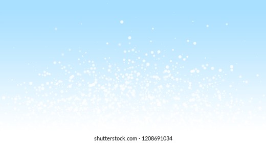 Beautiful falling snow Christmas background. Subtle flying snow flakes and stars on winter sky background. Astonishing winter silver snowflake overlay template. Incredible vector illustration.