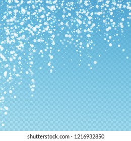 Beautiful falling snow Christmas background. Subtle flying snow flakes and stars on blue transparent background. Adorable winter silver snowflake overlay template. Indelible vector illustration.