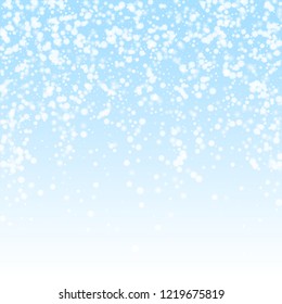 Beautiful falling snow Christmas background. Subtle flying snow flakes and stars on winter sky background. Beauteous winter silver snowflake overlay template. Juicy vector illustration.