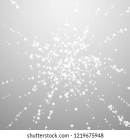 Beautiful falling snow Christmas background. Subtle flying snow flakes and stars on light grey background. Actual winter silver snowflake overlay template. Unique vector illustration.