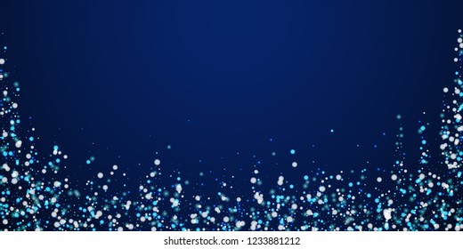 Beautiful falling snow Christmas background. Subtle flying snow flakes and stars on night sky background. Actual winter silver snowflake overlay template. Radiant vector illustration.