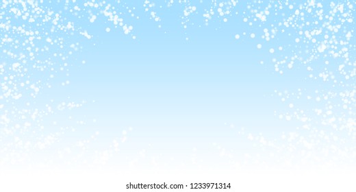 Beautiful falling snow Christmas background. Subtle flying snow flakes and stars on night sky background. Alive winter silver snowflake overlay template. Impressive vector illustration.
