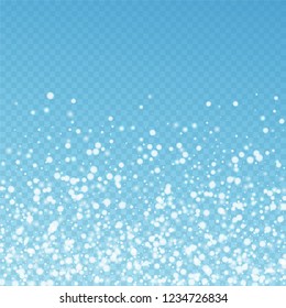 Beautiful falling snow Christmas background. Subtle flying snow flakes and stars on blue transparent background. Alluring winter silver snowflake overlay template. Cute vector illustration.