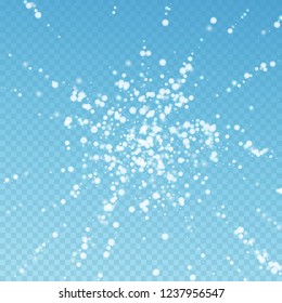 Beautiful falling snow Christmas background. Subtle flying snow flakes and stars on blue transparent background. Actual winter silver snowflake overlay template. Uncommon vector illustration.