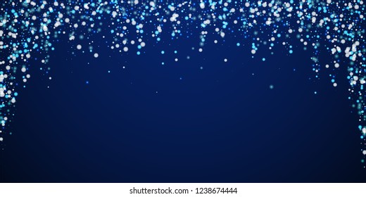 Beautiful falling snow Christmas background. Subtle flying snow flakes and stars on winter sky background. Actual winter silver snowflake overlay template. Noteworthy vector illustration.