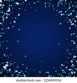 Beautiful falling snow Christmas background. Subtle flying snow flakes and stars on dark blue night background. Amusing winter silver snowflake overlay template. Extraordinary vector illustration.