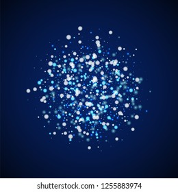 Beautiful falling snow Christmas background. Subtle flying snow flakes and stars on dark blue night background. Beauteous winter silver snowflake overlay template. Exquisite vector illustration.