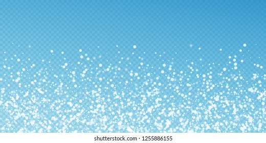 Beautiful falling snow Christmas background. Subtle flying snow flakes and stars on transparent blue background. Adorable winter silver snowflake overlay template. Lovely vector illustration.