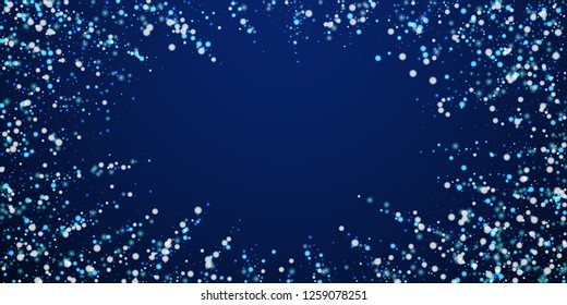 Beautiful falling snow Christmas background. Subtle flying snow flakes and stars on winter sky background. 