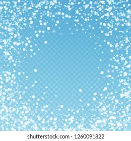 Beautiful falling snow Christmas background. Subtle flying snow flakes and stars on blue transparent background. Amusing winter silver snowflake overlay template. Astonishing vector illustration.