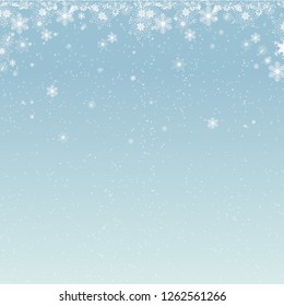 Beautiful falling snow Christmas background. Subtle flying snow flakes and stars on light grey background. Actual winter silver snowflake overlay template. Brilliant vector illustration.