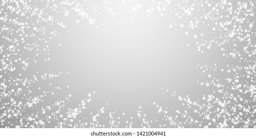 Beautiful falling snow Christmas background. Subtle flying snow flakes and stars on light grey background. Alive winter silver snowflake overlay template. Immaculate vector illustration.