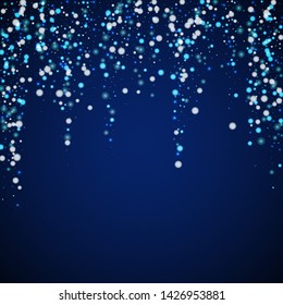 Beautiful falling snow Christmas background. Subtle flying snow flakes and stars on dark blue night background. Bizarre winter silver snowflake overlay template. Extra vector illustration.