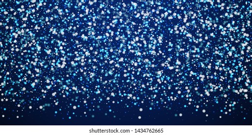 Beautiful falling snow Christmas background. Subtle flying snow flakes and stars on winter sky background. Adorable winter silver snowflake overlay template. Fantastic vector illustration.
